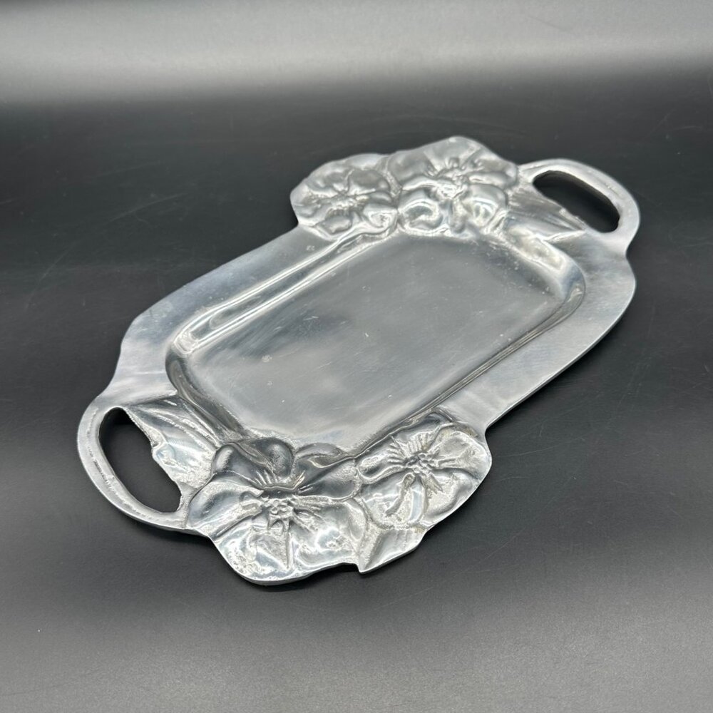 Vintage Floral Tray Vanity Serving Mexico Aluminum Handles Rectangle Flowers